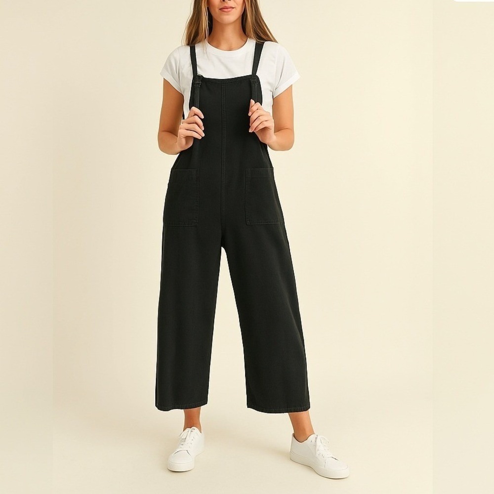 MIOU MUSE Black Wide Leg Jumpsuit Overalls Cropped SZ Large Linen Cotton‎ Preppy